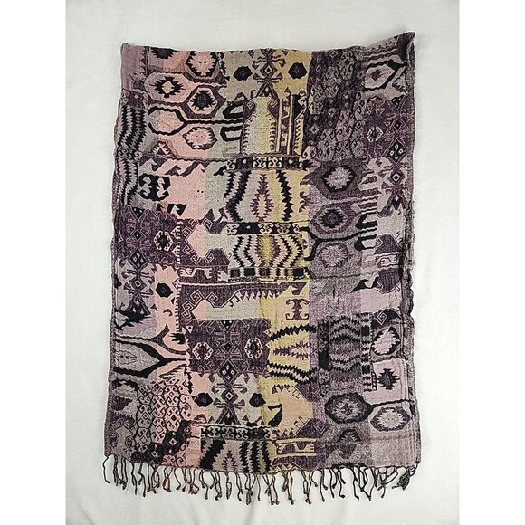 Wilfred Tribal Pattern Wool Blend Scarf Shawl Wrap Boho Fringe Black & Tan Warm - Picture 7 of 7